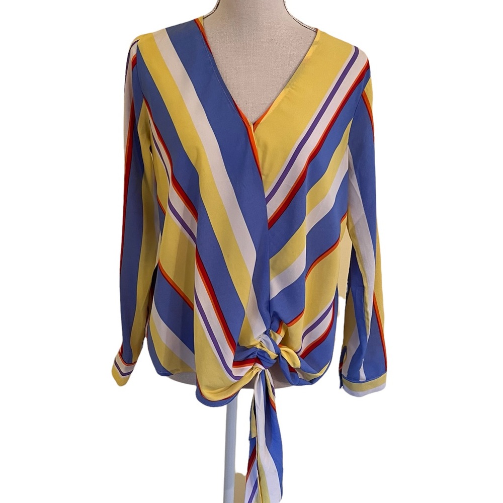 Lush Bright Stripe Faux Wrap Tie Front Blouse S